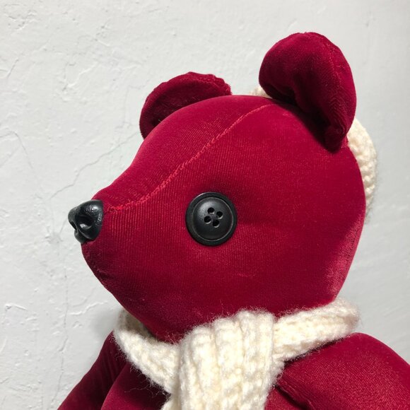Vintage Handmade Velvet Red Teddy Bear Button Eyes Scarf & Hat - Picture 7 of 10